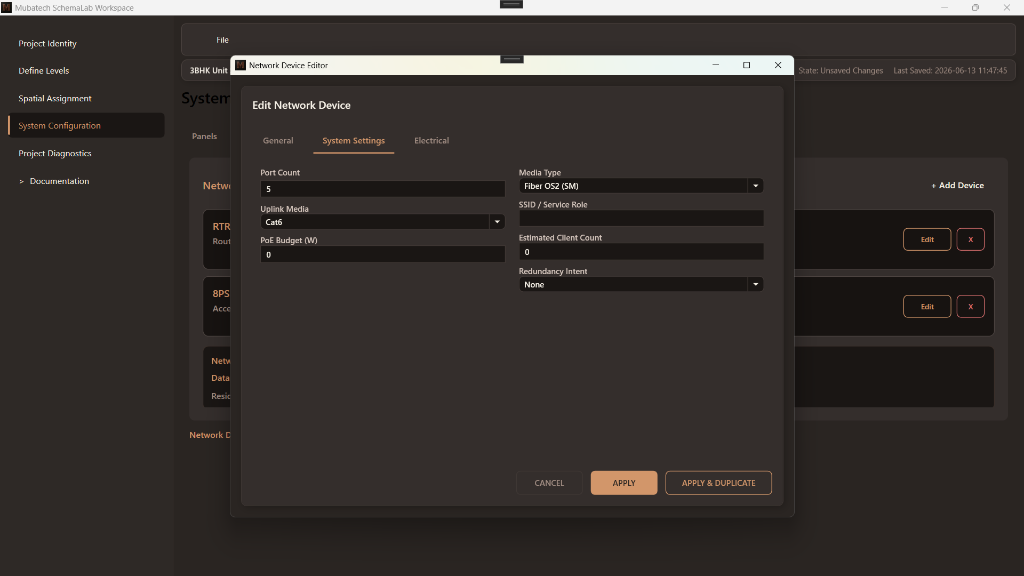 SchemaLab Network Device Editor – System Settings